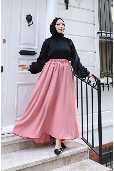 sefamerve Beli Lastikli Rahat Kesim Etek 0227-06 Gül Kurusu