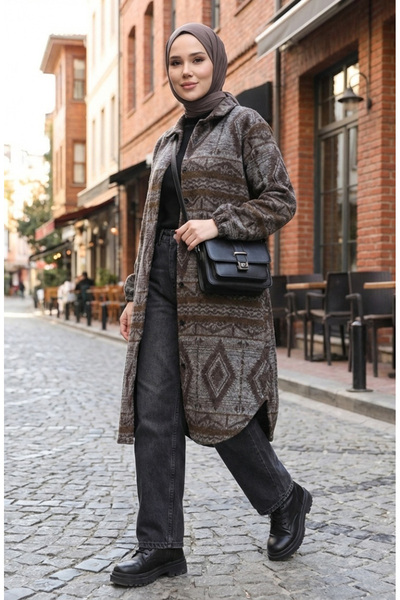 sefamerve Ethnic Patterned Buttoned Transitional Cap 2500-03 Anthracite Brown