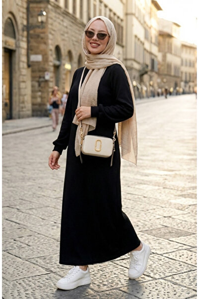 sefamerve Ruched Detail Pleated Hijab Dress 2187-02 Black