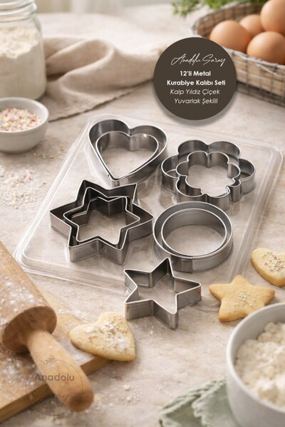 Anadolu Saray 12-Piece Metal Cookie Mold Set |   Heart Star Flower Round Shaped