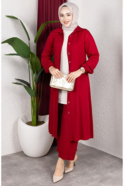 sefamerve Viscose Belmando Fabric Tunic Trousers Double Suit 0340-02 Red