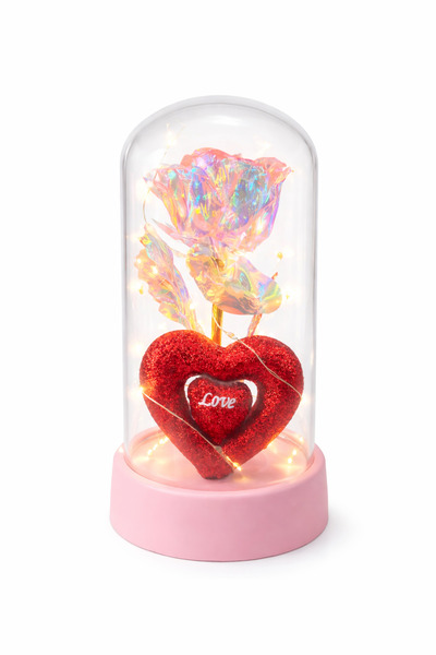 OEM Decorative dome with artificial LED flower and Love heart, batteries included, 14.5 x 7 cm