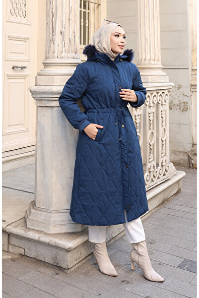 sefamerve Large Size Lace-Up Waist Hooded Coat 6343-02 Navy Blue