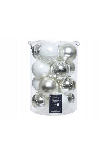 Other Set de 16 globuri de sticlă argintiu-alb pentru bradul de Crăciun, 8cm