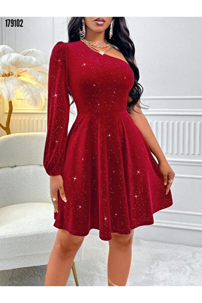 moda wanilia Kadın Omuz Dekolteli ve Taşlı Mini Elbise