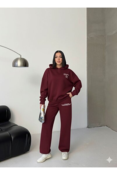 moda paketi Oversized Printed 3 Thread Sh Fleece-Lined Tracksuit Set