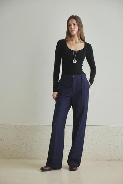 BE BLUE Dark Blue Straight Denim Pants with Ribbed Detail