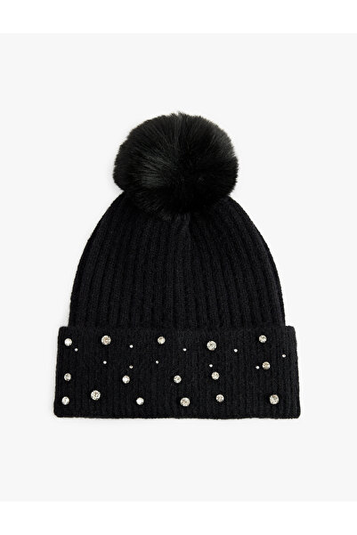 Koton Stone Detailed Pompom Folded Knitted Beanie