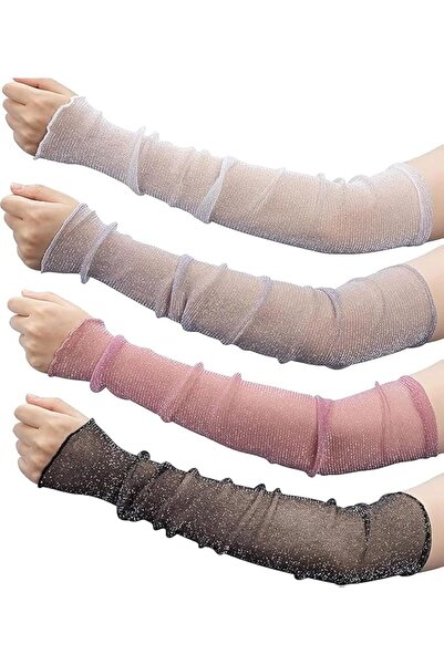 Arabest 4 أزواج من القفازات النسائية الطويلة الرقيقة للغاية المصنوعة من الدانتيل، توفر حماية من أشعة الشمس فوق البنفسجية، مزودة بأكمام من التول الشبكي المبرد.