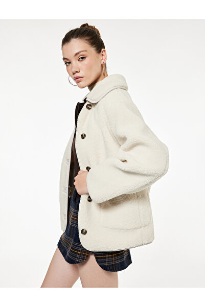 Koton Classic Lapel Pocket Detailed Buttoned Faux Fur Jacket