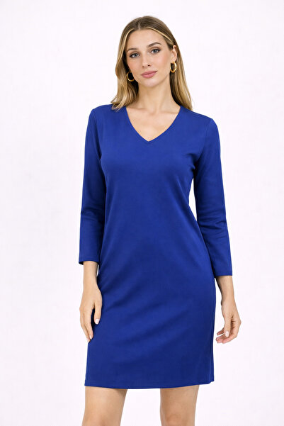 Nuevo Saks Mavi V Yaka Uzun Kollu Elbise – Diz Üstü, Günlük & Şık