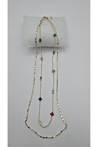 NO NAME Paslanmaz Çelik Çoklu Renk Zirkon Taşlı Gold Renk 2li Kolye