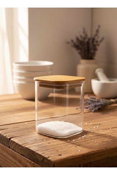 Rooc Home Bambu Kapaklı Şeffaf borosilikat Cam Kavanoz | Modern Cam Saklama Kabı