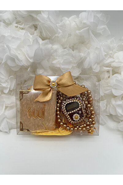 LenaToptan 1 Adet Çanta Görünümlü Kutu İçinde Mini Kuran, İnci Tesbih ve Taşlı Zikirmatik Hediyelik Set