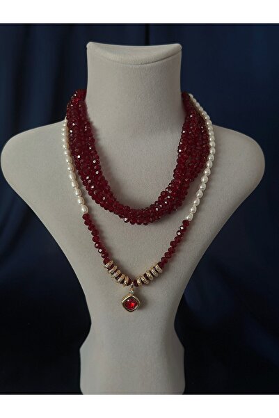 Butik Kırmızı Kristal ve İnci Çoklu Kolye