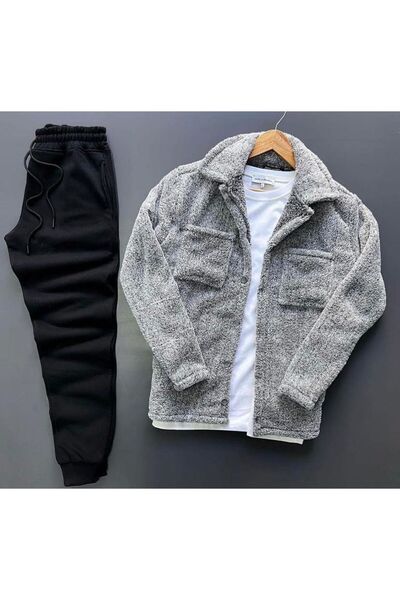 CAST COLLECTİON Men's Grey Buttoned Plush Jacket Black Winter Tracksuit Bottom Set