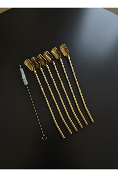 Elista 6-Piece Gold Straw Latte Spoon Cocktail Spoon and Cleaning Brush, 22 cm Cornered