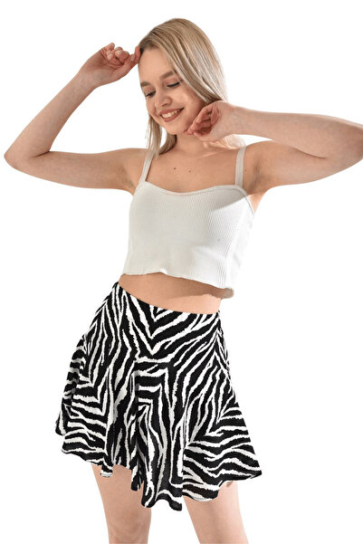 Meyar Zebra Desenli Spor Şort Etek Yüksek Bel Dalgıç Kumaş Deniz Şortu