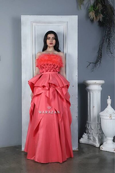 Warazan Long Evening Dress with Pleats and Feathers