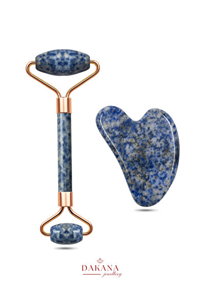 DAKANA JEWELLERY Sertifikalı Sodalit Yüz Masaj Taşı Roller ve Gua Sha Set