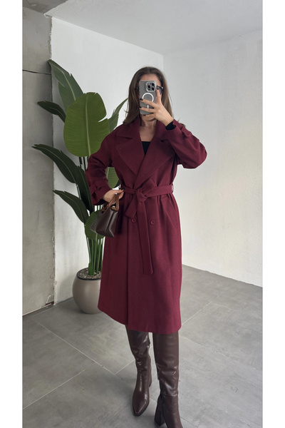 asfamoda معطف نسائي طويل باللون العنابي بأزرار على الجهتين قصة فضفاضة عالي ال...