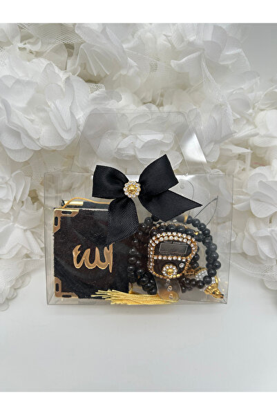 LenaToptan 1 Adet Çanta Görünümlü Kutu İçinde Mini Kuran, İnci Tesbih ve Taşlı Zikirmatik Hediyelik Set