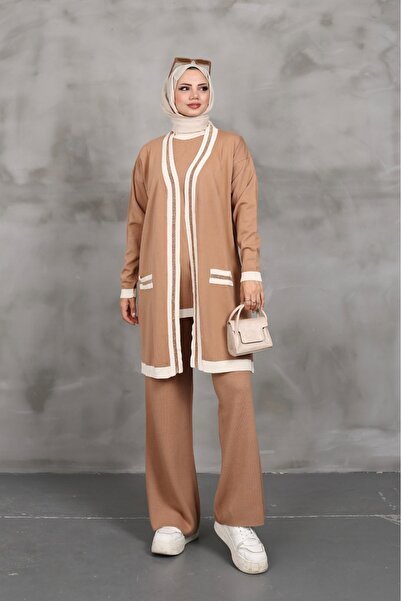 FERHEL Women's Cardigan Tunic Pants Three-Piece Knitwear Set Combination