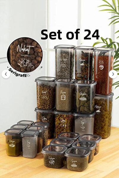 Kitchen Life Complete set of 24 square, white screen-printed, labeled Peggy food seasonings with spoon,