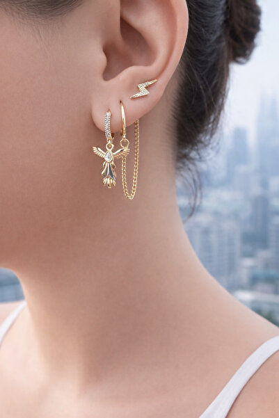 PaminBags Aksesuar Zircon Stone Eagle Detailed 3-Piece Earring Set Lns0084