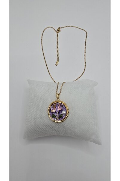 NO NAME Stainless Steel Purple Lotus Flower Gold Color Necklace