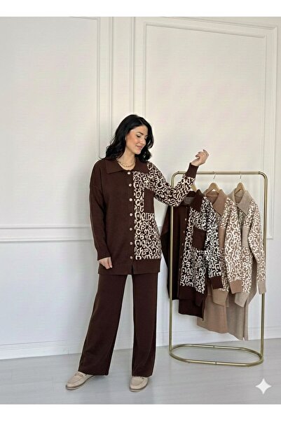 BY HUPE طقم تريكو نسائي بأزرار ونقشة الفهد وساق واسعة وملمس ناعم باللون البني