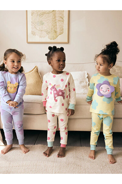 Next Baby 100% Organic Cotton Pastel Cat/Unicorn/Flower Pattern Pajamas 3-Piece Bottom Top Set Alyb51447