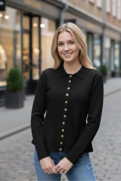 Maysev Bebe Yaka Slim Fit Uzun Kollu Gold Düğmeli Volanlı Peplum Etek Ucu Kad...