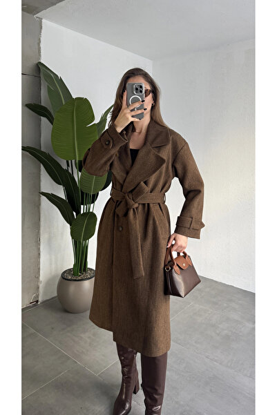 asfamoda معطف نسائي طويل باللون البني الميلانج بأزرار على الجهتين قصة فضفاضة ...