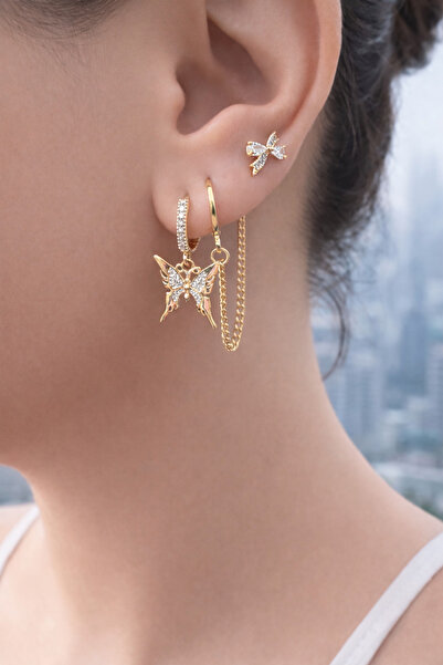 PaminBags Aksesuar طقم أقراط مكون من 3 قطع مزود بحجر الزركون وتفاصيل فراشة كب...