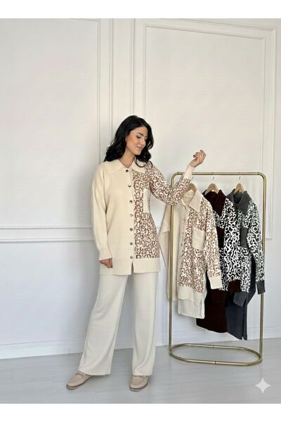 BY HUPE طقم تريكو نسائي بأزرار ونقشة الفهد وساق واسعة وملمس ناعم بلون البيج
