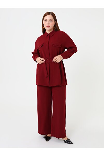 ALİA Plus Size Belt Detailed Suit - Burgundy -
