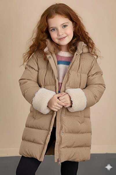 DoğaButikGiyim Palton puf pentru fete cu blană maro deschis lucios lucios detașabil cu glugă fermoar