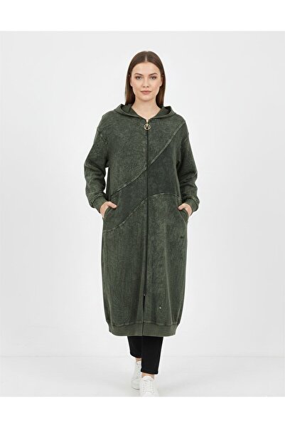 Ceyda Nur Örkcü Kadın Kapüşonlu Oversize Uzun Fermuarlı Kap