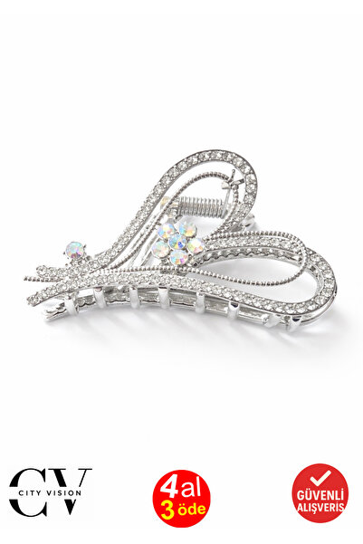 cityvision Stone heart and flower design silver color 7 cm metal hair clip