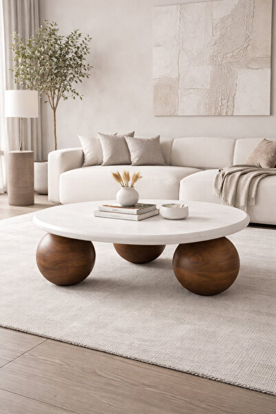 Trihome Modern Tasarım Masif Ahşap Top Ayaklı Orta Sehpa – Doğal & Şık