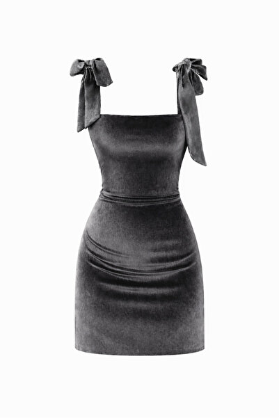 rashera Omuzdan Bağlamalı Kadife Mini Elbise – Esnek, Vücuda Oturan Form (Gri)