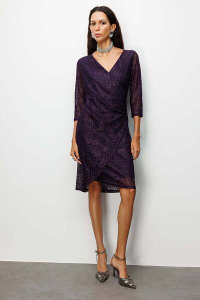 Ekol Dantelli Taş İşlemeli Midi Elbise