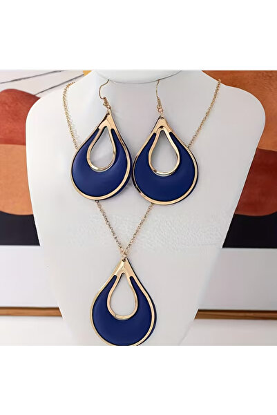 begüm jewelery LACİVERT GÖZYAŞI MODEL GOLD İŞLEMELERLE SÜSLENMİŞ TASARIM SET