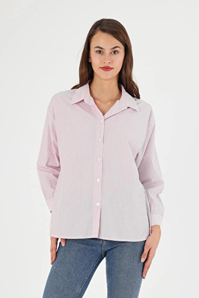 Mona Group Women's Pink Striped Oversized Woven Shirt with Button Detail on t...