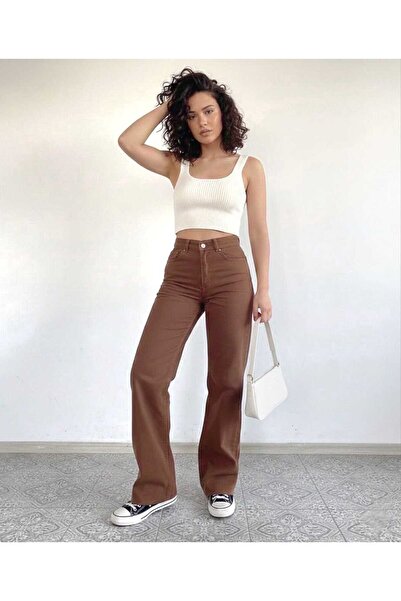 Trn JNS Pantaloni de damă maro Super talie înaltă casual material elastic cu ...