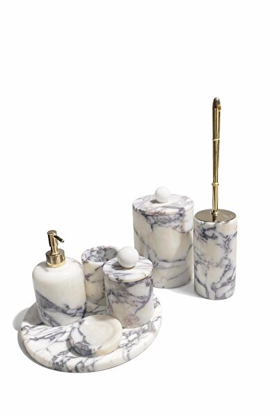 Modestmar Menekşe Mermer Beyaz Top Obje Gold Banyo Seti (7'li set)