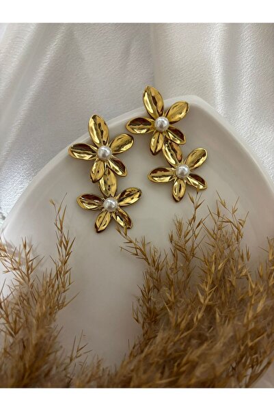 stainless steell Double Pearl Detail Flower Steel Earrings