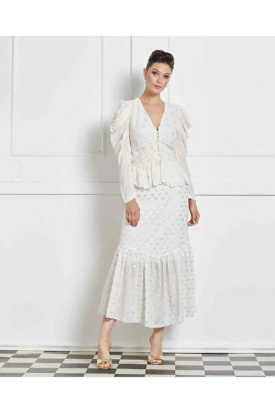 SERPİL Puantiyeli Dokuya Sahip Volan Detaylı Ekru Bluz 34229