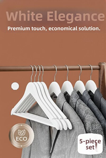 Transformacion 5-Piece Luxury White Clothes Coat Hangers - Ergonomic & Non-Slip Plastic Hanger Set - Wood Look